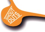 Shout Outs logo one side only, gets covered by fingers in use